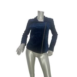 APPARELINE Women’s Navy Blue Velvet Moto Jacket Asymmetrical Gold Tone Zippers